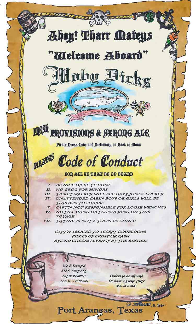 Moby Dick's Restaurant Menu in Port Aransas, TX.